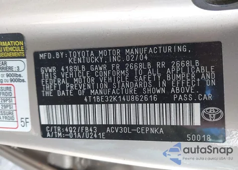 2004 Toyota Camry Le из США, поврежденный, VIN 4T1BE32K14U862616